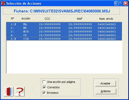 Pantalla de visualización en la WinSuite  de la selección de acciones de un fichero de respuesta (FRA). Aparecen marcadas las opciones: correctos y erróneos.
