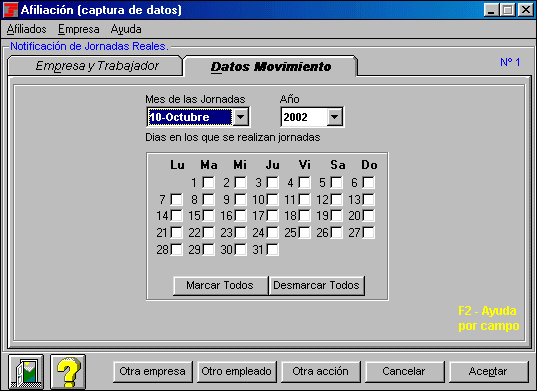 Pantalla de Afiliación para la recogida de datos. Apartado Datos Movimiento. Permite seleccionar día, mes y año para determinar el número de jornadas trabajadas.