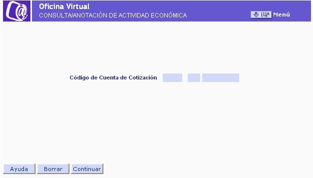 Pantalla de anotación para la consulta/anotación de actividad económica, se anota el Código de Cuenta de cotización y se pulsa continuar.