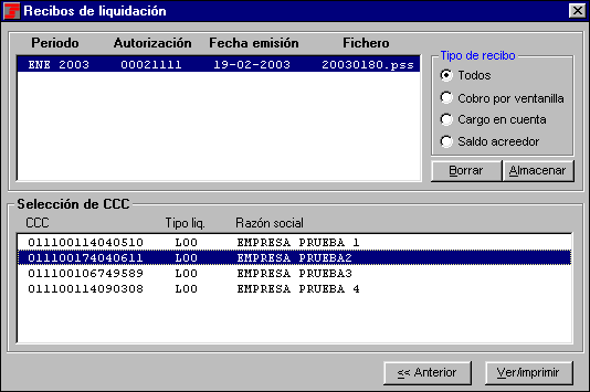 Pantalla de winsuite ''Recibos de Liquidación''