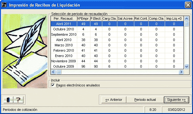 Imagen que muestra la ventana donde seleccionar los periodos de recaudación para imprimir.