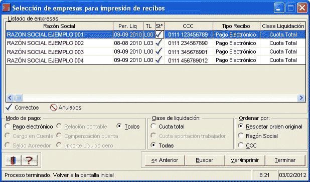 Payment Receipts. On this screen 2 windows appear: one with the details on the sent file and the other with the CAC information of the company. The option -Electronic Payment- on the right of the screen is selected.