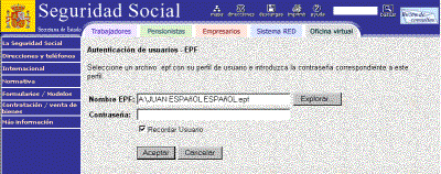 Pantalla de la página de registro de los servicios del Sistema RED. Formulario con 2 campos en el primero para el archivo .epf correspondiente al certificado digital del usuario y en el segundo se insertará la contraseña.