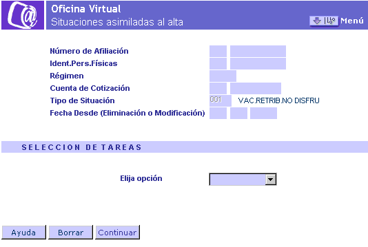 Pantalla correspondiente a la transacción de Situaciones asimiladas de alta. Los datos solicitados son: Número de afiliación, Identificador de Persona Física, Régimen, Cuenta de Cotización, Tipo de situación y Fecha desde.