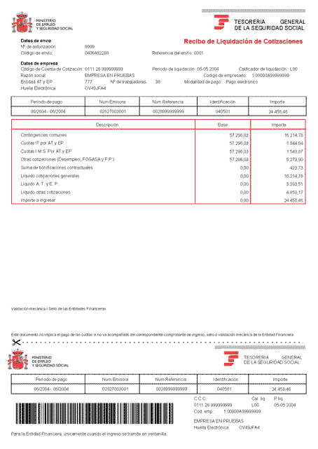 Exemple del Rebut de liquidació de cotitzacions que inclou les dades relatives al període, concepte i import entre d'altres.