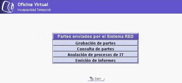 Menú del servicio Incapacidad temporal del Sistema Red. Muestra 4 Opciones a elegir: Grabación de Partes, Consulta de Partes, Anulación de Procesos de IT y Emisión de Informes.