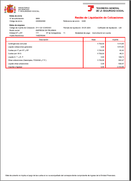 Ejemplo de un Recibo de Liquidación de Cotización, Cargo en Cuenta.