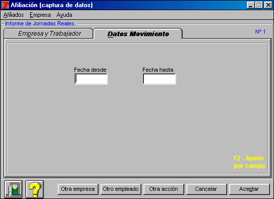 Pantalla de Afiliación para la recogida de datos. Apartado Datos Movimiento. Se muestran los campos a rellenar: Fecha desde y Fecha hasta.