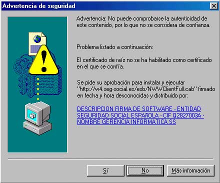 Pantalla emergente de Advertencia de Seguridad. En esta pantalla se solicita la aprobación para instalar un componente que permita acceder a los Servicios On Line con el Certificado Digital o Firma Digital. Para continuar se debe pulsar en la opción “Si”.