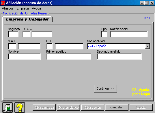 Pantalla de Afiliación para la recogida de datos. Apartado Empresa y Trabajador, para Notificación de Jornadas Reales.