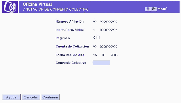 Pantalla para Anotación del Convenio Colectivo. Dato solicitados: Tipo de Convenio Colectivo.