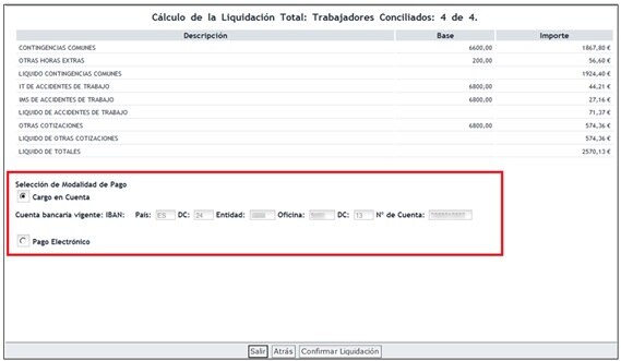 Imagen del Servicio de Confección de Liquidaciones en la que se selecciona el modo de pago