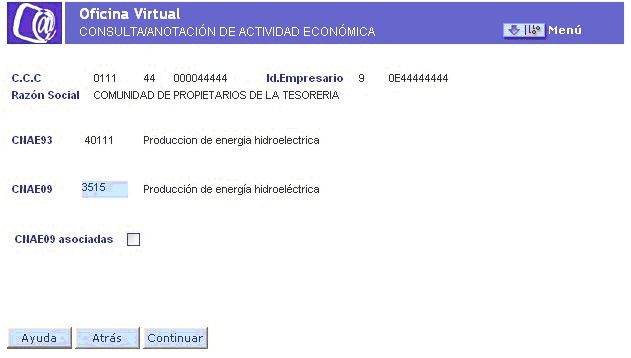 Pantalla resultante al pulsar Continuar de la pantalla de consulta/anotación de actividad económica se utiliza para insertar e CNAE correspondiente y pulsar continuar.