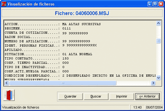 Pantalla de visualización en la WinSuite con el detalle del fichero de respuesta (FRA)