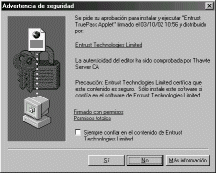 Pantalla emergente de Advertencia de Seguridad. En esta ventana se pide aprobación para la instalación de un componente de seguridad necesario para operar con estos servicios. Para continuar se debe pulsar en la opción “Si”