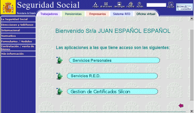 Pantalla de acceso a los servicios a los que está autorizado. En este caso aparecen listadas las siguientes: Servicios personales, Servicios RED y Gestión de Certificados SILCON