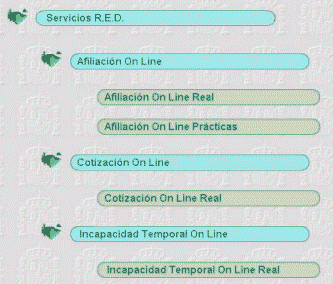 Menú de todos los Servicios RED a los que se puede acceder: Afiliación On Line, Cotización On Line e Incapacidad temporal On Line