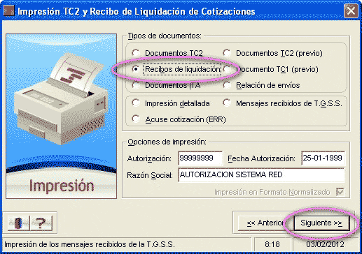 Pantalla da impresión TC2, TC1 e envíos. Aparece marcada a opción -Recibos de liquidación e o botón seguinte.