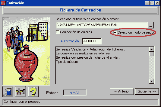 Pantalla de winsuite ''Selección del fichero de cotización'' aparece seleccionada la opción ''selección modo de pago''