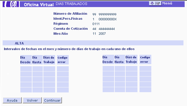 Pantalla resultante de pulsar la opción Alta en la ventana de días trabajados. Se muestran las casillas para rellenar intervalos de fechas en el mes y número de días trabajados