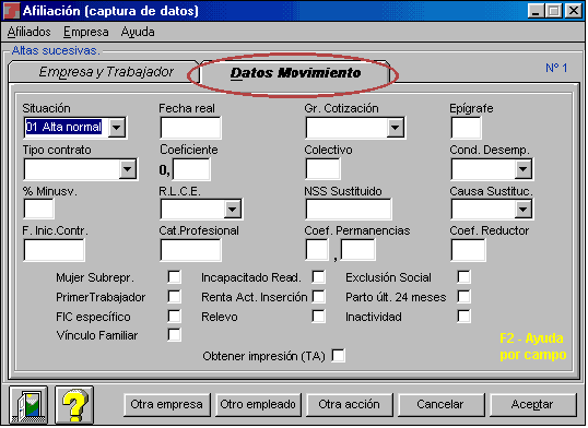 Pantalla d'afiliació per a la recollida de dades. Apareix seleccionat l'apartat Dades moviment i es mostra tot un seguit de caselles on s'introdueixen les dades.