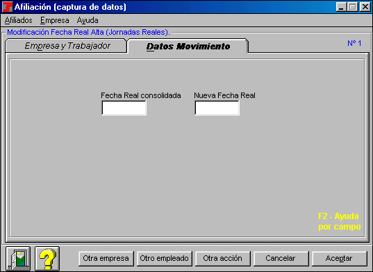 Pantalla de Afiliación para la recogida de datos  Apartado Datos Movimiento. Se muestran los campos a rellenar: Fecha real consolidada  y nueva  fecha real.