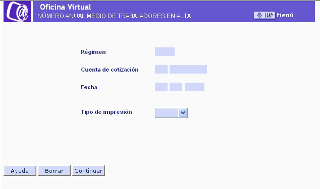 La pantalla de selecció per sol·licitar un informe del nombre anual mitjà de treballadors en situació d’alta una vegada inserides les dades següents: règim, compte de cotització, data i tipus d’impressió